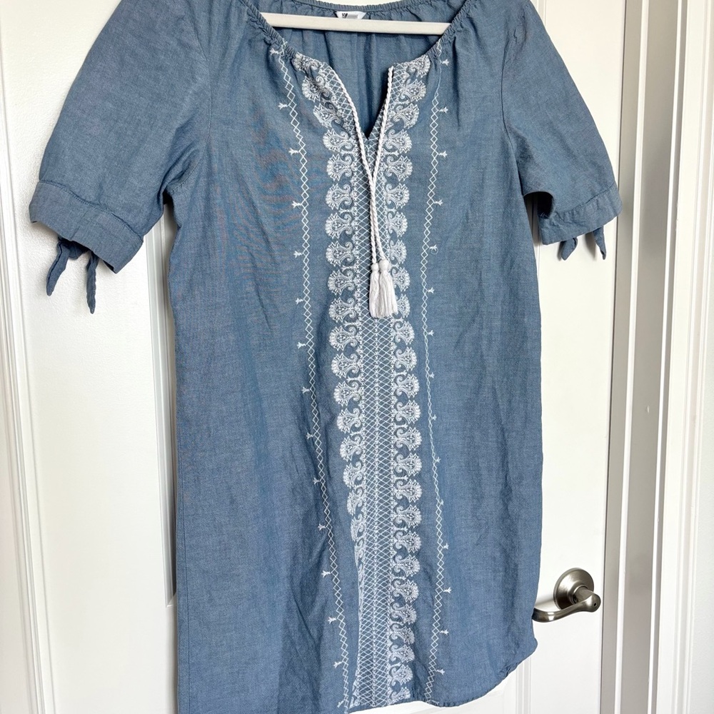 Sonoma Goods For Life Cotton Denim Dress Blue Embroidered Lace Trim Boho Size M